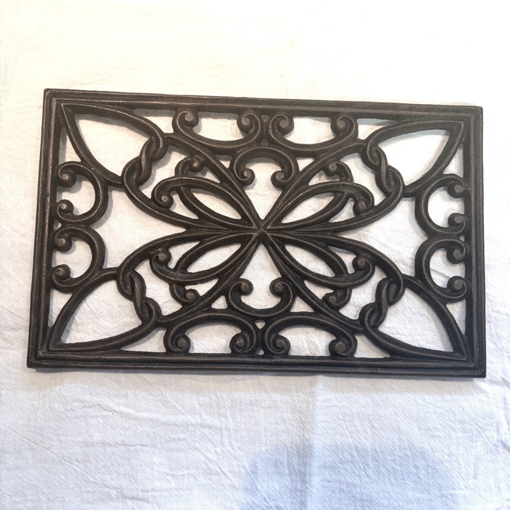 Vintage Cast Iron Rectangular Scrollwork Trivet Dark Bronze Black 10x6.25 Inch